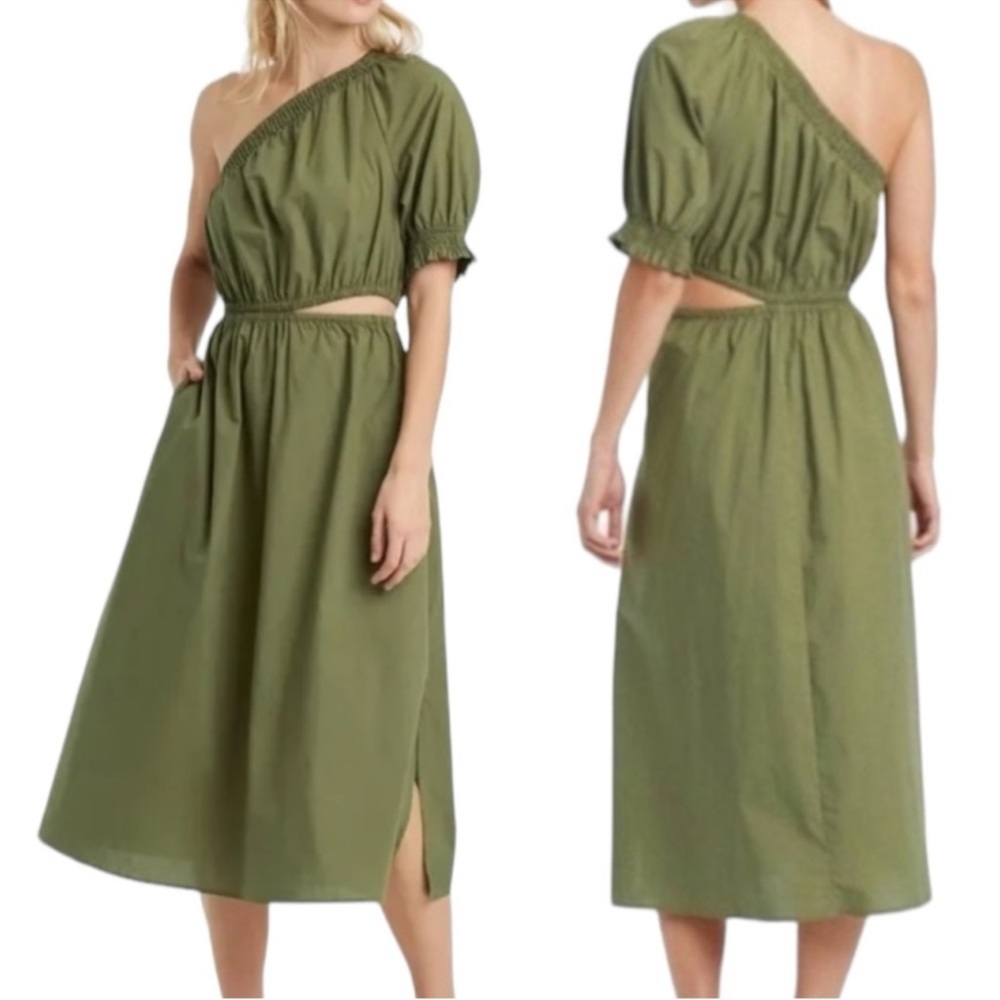 Who What Wear | Olive Green One  Shoulder Cutout Midi Dress
